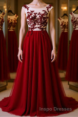 Burgundy round neck tulle lace long Evening Prom Dress, bridesmaid Dress