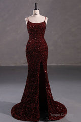 Slim Burgundy Shimmery Open Back Formal Prom Evening Dress
