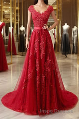 Burgundy tulle lace applique long Evening Prom Dress, burgundy evening Dress
