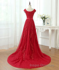 Burgundy tulle lace applique long Evening Prom Dress, burgundy evening Dress