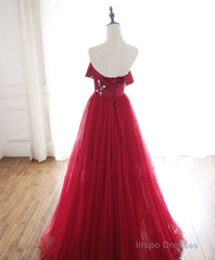 Burgundy Tulle Long Prom Dress, A line Burgundy Formal Party Dress