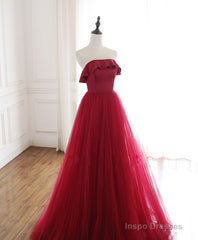 Burgundy Tulle Long Prom Dress, A line Burgundy Formal Party Dress
