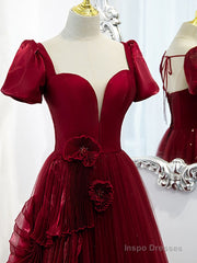 Burgundy Tulle Long Prom Dress, Burgundy Tulle Evening Dress