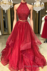 Burgundy two pieces tulle lace long Evening Prom Dress, lace evening Dress