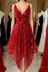 Burgundy v neck lace high low Evening Prom Dress lace formal Dress
