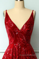 Burgundy v neck lace high low Evening Prom Dress lace formal Dress