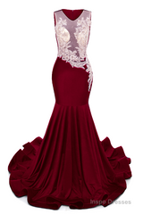 Burgundy V-Neck Sheer Corset Prom Dresses Beaded Mermaid Long Train Evening Gowns
