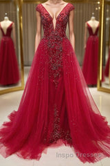 Burgundy v neck tulle beads long Evening Prom Dress, burgundy evening Dress