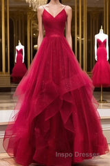 Burgundy v neck tulle long Evening Prom Dress, burgundy evening Dress