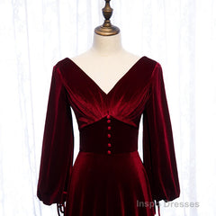 Burgundy Velvet Long Sleeves A-line Prom Dress, Long Simple Bridesmaid Dresses