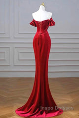 Burgundy Velvet Sequins Long Evening Prom Dress, Mermaid Off The Shoulder Party Dress With Slit