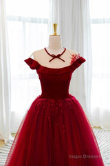 Burgundy Velvet Tulle Floor Length Prom Dress, Lovely Evening Party Dress