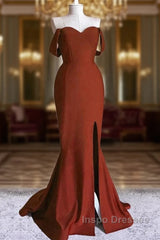Burnt Orange Mermaid Dress Off The Shoulder With Slit