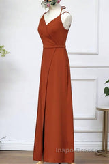 Burnt Orange Slit Bridesmaid Dress With Straps