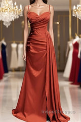 Burnt Orange Sweetheart Slit Satin Spaghetti Straps Dress