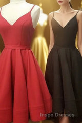 simple real picture red satin spaghetti straps short homecoming Dress graduation dress