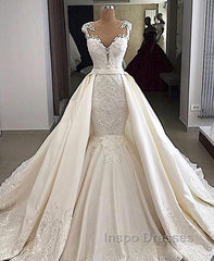 Cap sleeves White Mermaid 2 in 1 Wedding Dress with Overskirt
