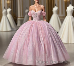 Carine | Glitter Off The Shoulder Pink Ball Gown Quinceanera Dress