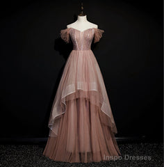 Dark Pink Tulle Beaded Layer Tulle Long Evening Dress, Charming Prom Dress
