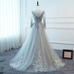 Grey Long Sleeves V Neckline Tulle Evening Prom Dress, A Line Floor Length Party Dress