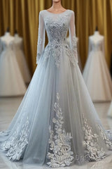 Grey Long Sleeves V Neckline Tulle Evening Prom Dress, A Line Floor Length Party Dress