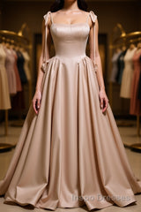 Champagne A-Line Satin Long Evening Prom Dress, Champagne Formal Evening Dress