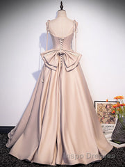Champagne A-Line Satin Long Evening Prom Dress, Champagne Formal Evening Dress