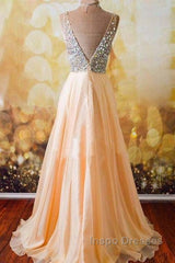 Champagne A-Line  V Neck Chiffon Long Evening Prom Dress, Formal Dress