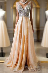 Champagne A-Line  V Neck Chiffon Long Evening Prom Dress, Formal Dress