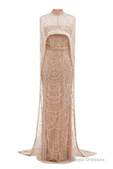 Pearl Pink Beading Prom Dresses Sweep Train High Neck Zipper Sleeveless Evening Dresses