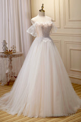 Champagne Floor Length Lace Long Prom Dress, Off the Shoulder Evening Dress