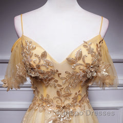 Champagne Lace Off Shoulder Long Party Dress , Cute Tulle Formal Dress Evening Prom Dress