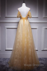 Champagne Lace Off Shoulder Long Party Dress , Cute Tulle Formal Dress Evening Prom Dress
