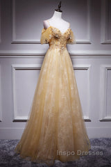 Champagne Lace Off Shoulder Long Party Dress , Cute Tulle Formal Dress Evening Prom Dress