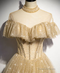 Champagne Long Prom Dress, Aline Champagne Graduation Dress with Beading