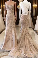 Champagne Mermaid Backless Lace Appliques Long Evening Prom Dress, Champagne Lace Formal Dress, Champagne Graduation Evening Dress