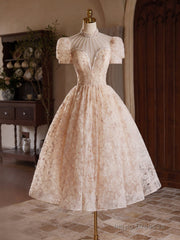 Champagne Pink Tulle Lace Tea Length Prom Dress with Beads