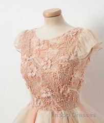 Champagne round neck tulle beads short Evening Prom Dress, homecoming Dress