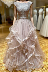 Champagne round neck tulle lace long Evening Prom Dress evening Dress