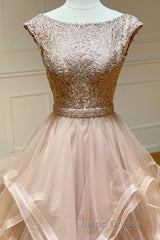 Champagne round neck tulle lace long Evening Prom Dress evening Dress