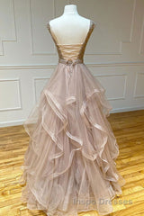 Champagne round neck tulle lace long Evening Prom Dress evening Dress