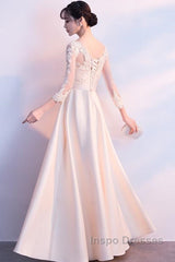 Champagne Satin With Lace Long Sleeves Evening Prom Dress Evening Dress, A-Line Simple Bridesmaid Dress