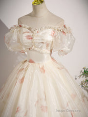 Champagne Sweetheart Neck Tulle Long Prom Dress, Champagne Formal Dress