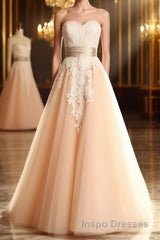 Champagne Tulle Lace Tea Pearl Evening Prom Dress, Lace Wedding Dress