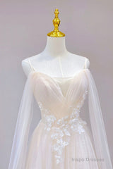 Champagne Tulle Long Prom Dress with Lace, Off the Shoulder Evening Dress