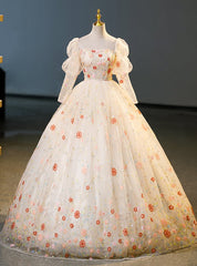 Champagne Tulle Sequins Long Sleeve Quinceanera Dress