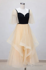 Champagne V Neck Tea Length Evening Prom Dress, Tea-Length Formal Graduation Dress