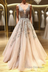 Champagne v neck tulle lace beads long Evening Prom Dress tulle formal Dress
