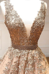 Champagne v neck tulle lace beads long Evening Prom Dress tulle formal Dress