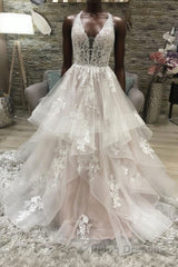 Champagne v neck tulle lace long Evening Prom Dress, champagne evening Dress